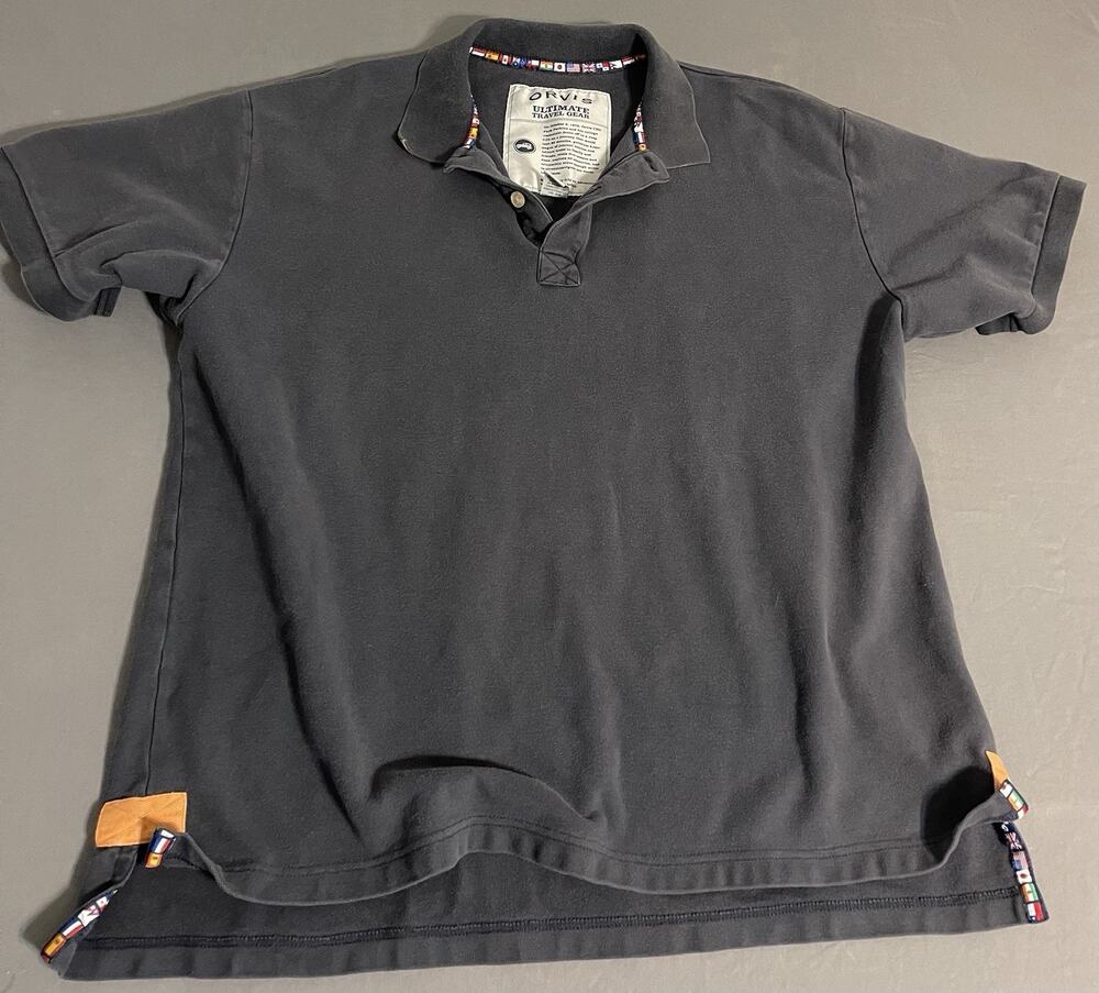 Orvis Ultimate Travel Gear XL Polo Shirt Navy Flags Trim 100% Cotton Great Cond